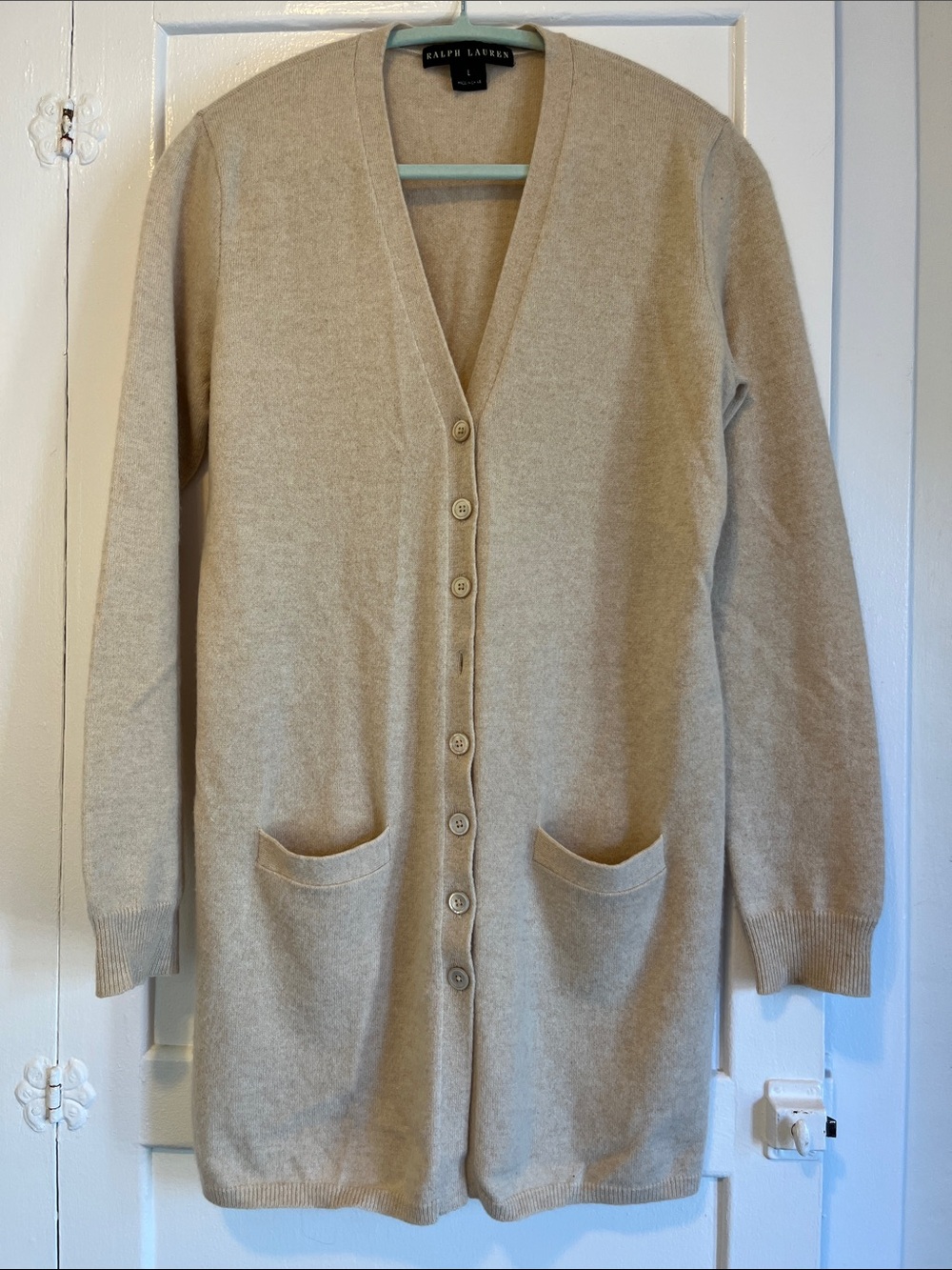 Ralph Lauren Cashmere Beige Long Button Cardigan Sweater